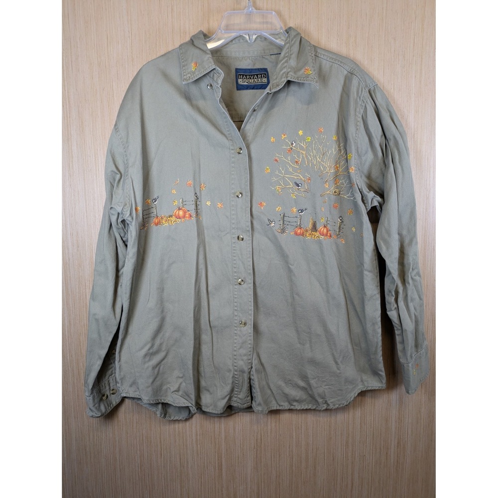 Harvard Square Womens Fall Harvest Embroidered Button Down Shirt Khaki Green L